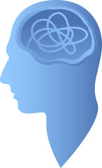 Silhouette of human head with tangled line inside, like brain. Concept of chaotic thought process, confusion, personality disorder and depression. Vector illustration.