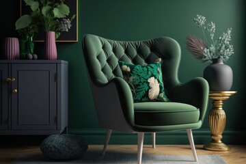 Bright and cozy modern living room interior with green armchair and decoration room on empty dark green wall background