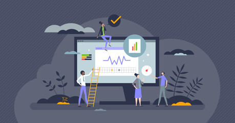 Core web vitals and website performance evaluation tiny person concept. Check business page speed, input delay, responsiveness, SEO or user traffic for complex satisfaction report vector illustration - obrazy, fototapety, plakaty