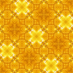 Vibrant gold-colored abstract contemporary seamless pattern with hand-drawn shapes, leaves, flowers, and petals for a modern touch.