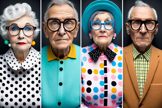 Trendy fashion crazy old people in bright colored elegant clothes created with ai generative tools