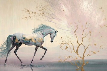Abstract pastel colors and gold trees with abstract gold horse created by generative AI