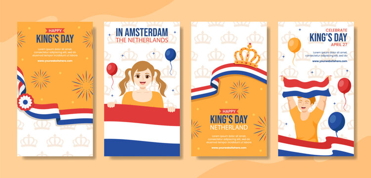 Happy Kings Netherlands Day Social Media Stories Cartoon Hand Drawn Templates Background Illustration