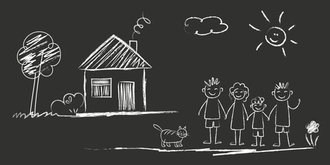 Family - girl and boy holding hands with mother and father, cat, car, bird, House, sun, clouds, flowers, summer day. doodles are drawn by a child's hand with chalk on asphalt or on a school board. - obrazy, fototapety, plakaty