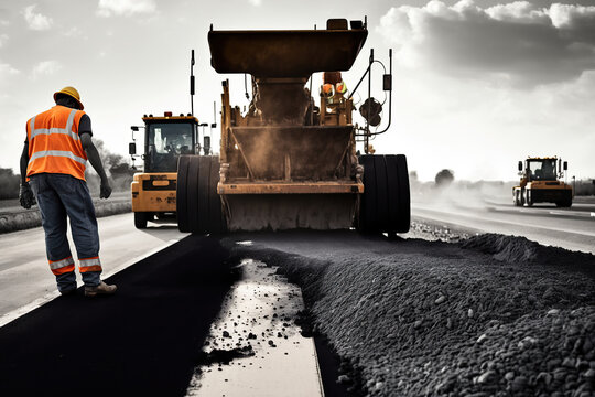 Asphalt paving new highway road, construction gravel base created by generative AI