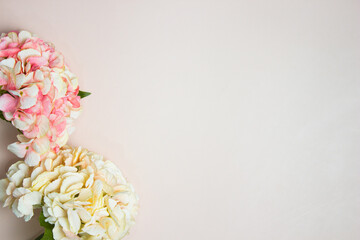 bouquet of pink and yellow hydrangea over the pink background with copy space.