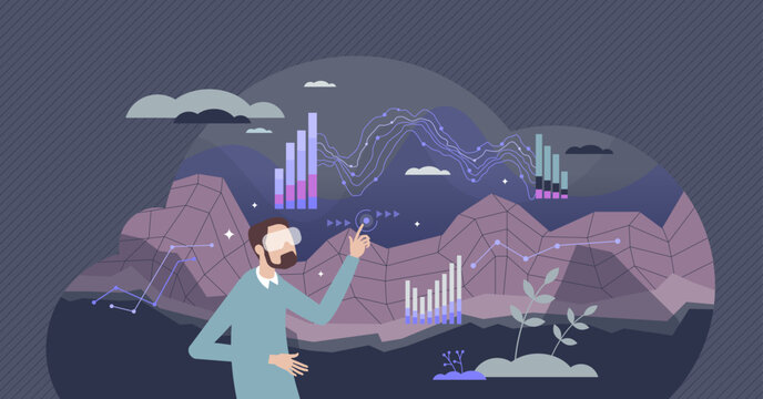 Data visualization with futuristic or responsive diagrams tiny person concept. Modern scheme representation with AR technology vector illustration. Information report and info statistics analyzing.