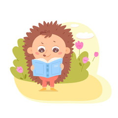 Cute hedgehog reading open book outdoor vector illustration. Cartoon happy baby animal character holding school textbook or fairy tales literature to read and study, funny wild adorable student