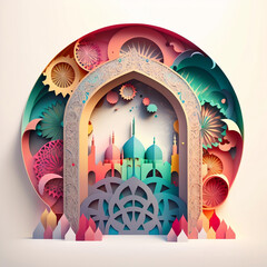 Islamic decoration background with paper quilling mosque window, ramadan kareem, mawlid, iftar, isra miraj, eid al fitr adha, muharram, copy space, Generative AI