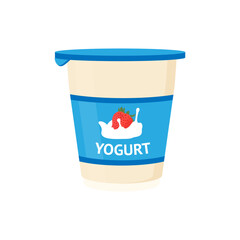 Strawberry yogurt package vector illustration. Cartoon isolated plastic yoghurt pack with milk product splash and berry on blue label, container with sweet creamy fresh dessert and healthy yogurt