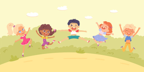 Active cute children jump and play in summer meadow, excited boys and girls dance