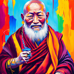 An old Tibetan Monk with Rosary in His Hand in an Oil Painting Style. AI Generative Image.