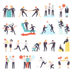 Business Workers Characters Engaged in Professional Career Competition Vector Set
