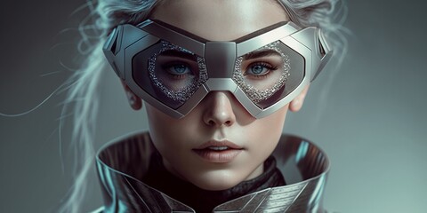 Hübsche junge Frau mit Laserschutz Brille posiert für Werbeaufnahmen im Porträt Studio. AI generativ