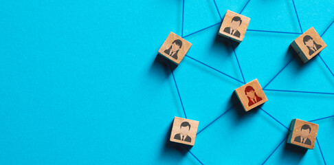 Organization structure, social network and teamwork concept on blue background. Business people...