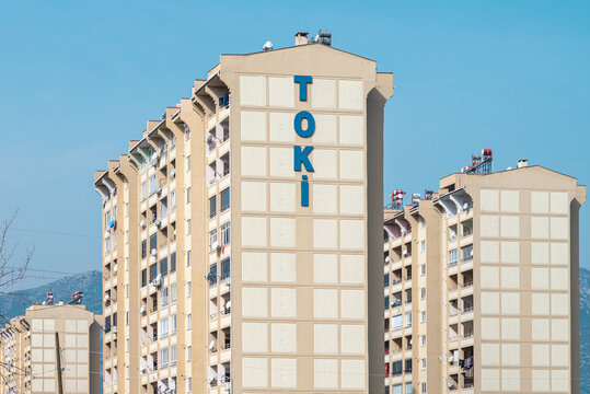 Antalya, Turkey - March 2, 2023: Aerial view of Toki social housing built in rural area in Antalya Turkey