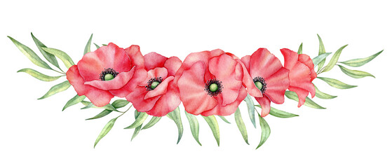 Fototapeta na wymiar Watercolor red poppies bouquet, hand drawn floral illustration, red wildflowers isolated on a white background.