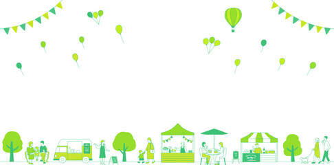 緑の木々とマルシェで賑わう人々の背景素材 © DragonTiger8