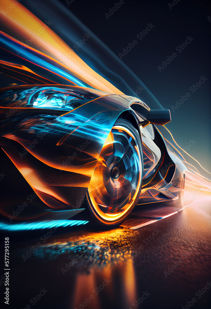 Poster futuristic car at high speed at night with motion blur background. generative ai technology.