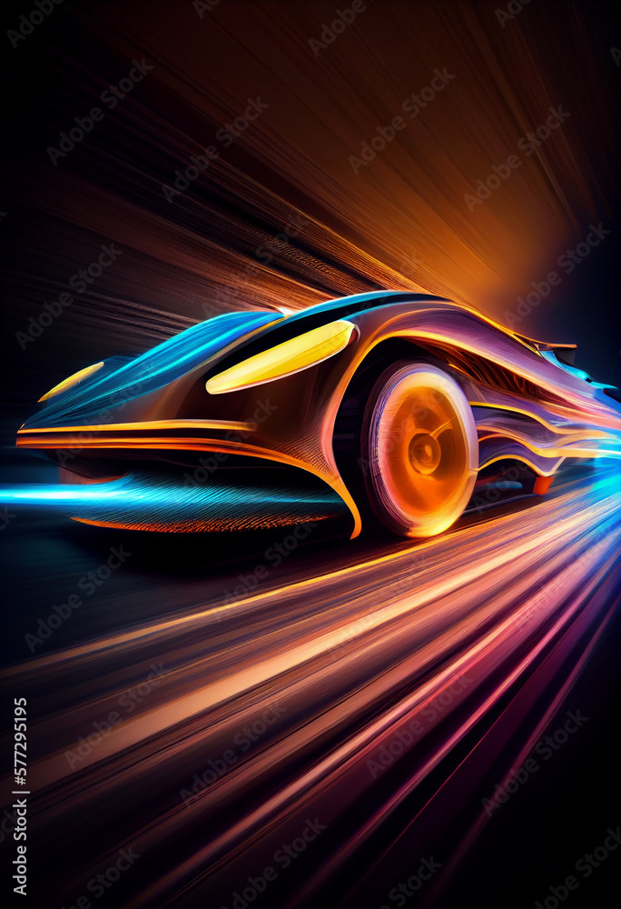 Poster futuristic car at high speed at night with motion blur background. generative ai technology.