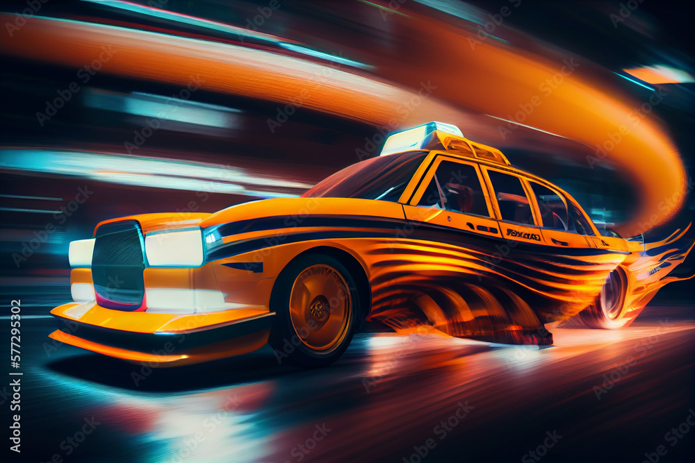 Poster futuristic taxi at high speed at night with motion blur background. generative ai technology.