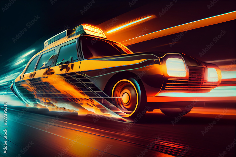 Poster futuristic taxi at high speed at night with motion blur background. generative ai technology.
