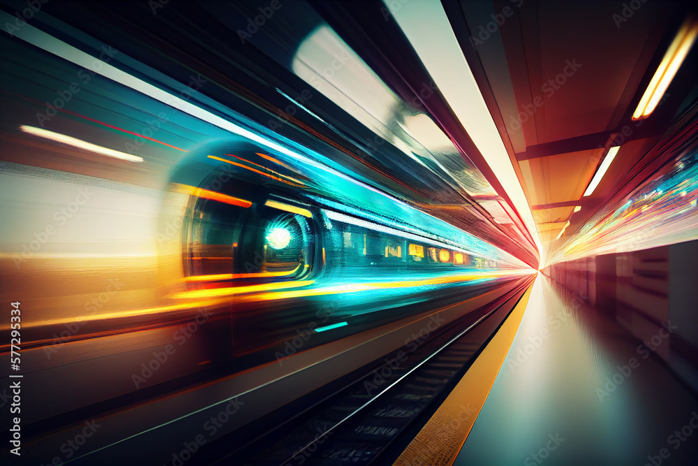 Aufkleber futuristic subway at high speed at night with motion blur background. generative ai technology.