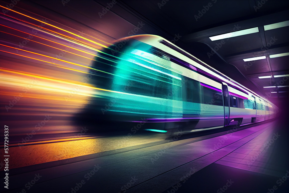 Poster futuristic subway at high speed at night with motion blur background. generative ai technology.