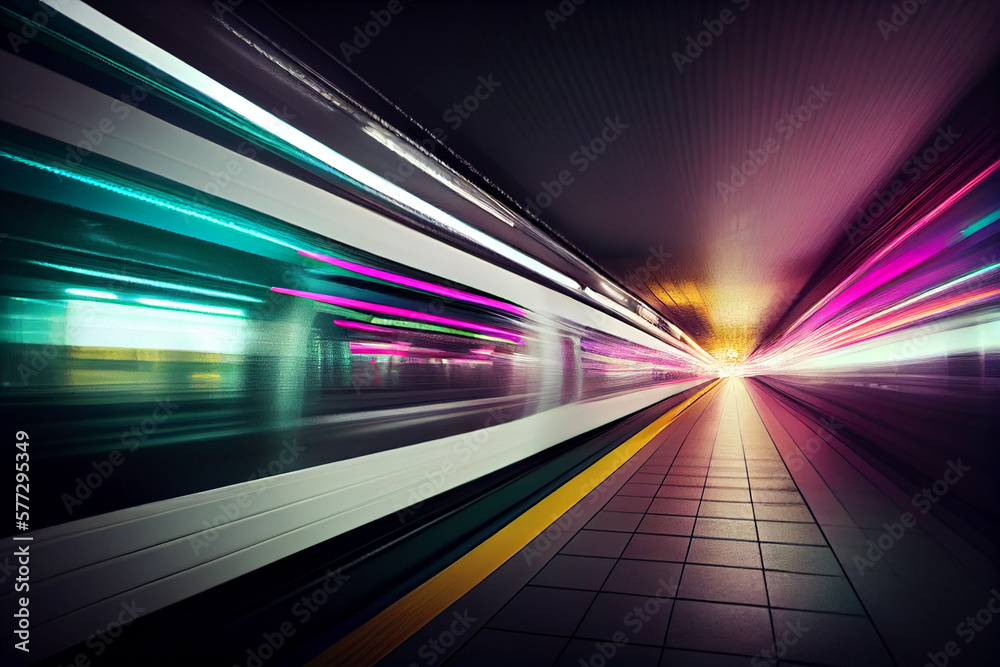 Aufkleber futuristic subway at high speed at night with motion blur background. generative ai technology.