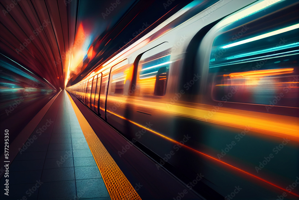 Aufkleber futuristic subway at high speed at night with motion blur background. generative ai technology.