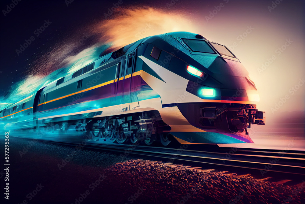 Poster futuristic train at high speed at night with motion blur background. generative ai technology.