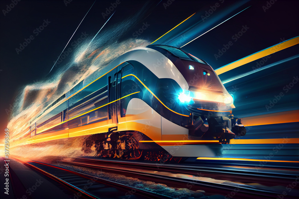 Poster futuristic train at high speed at night with motion blur background. generative ai technology.