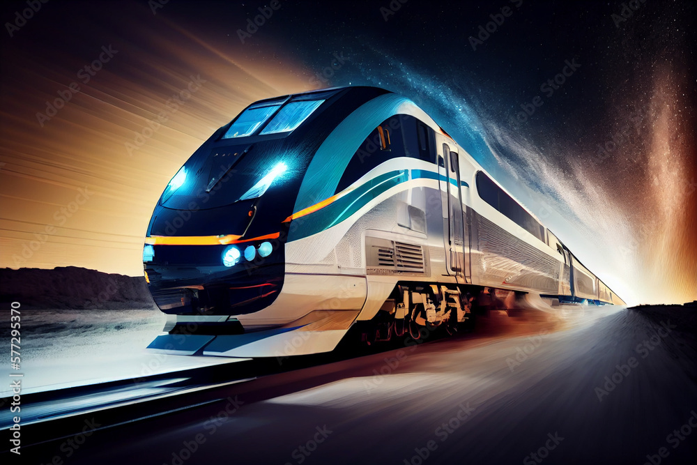 Poster futuristic train at high speed at night with motion blur background. generative ai technology.