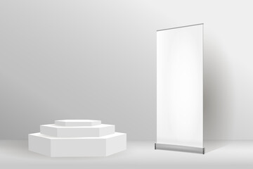 An empty white banner in the interior. Space for copying.
 3d vector illustration.