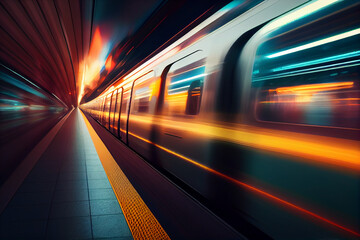 Futuristic Subway at high speed at night with motion blur background. Generative AI technology.