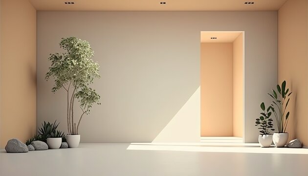 3d realistic vector room interior with big window with light and curtains and potted indor plants on the floor. AI Generative.