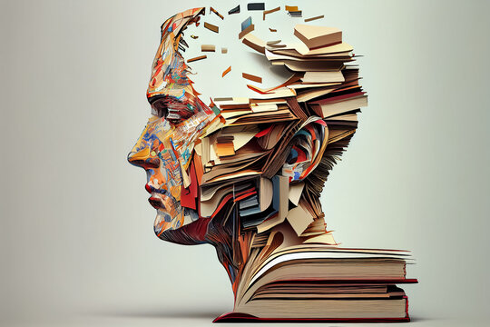 illustration of face made from many books abstract book day. AI