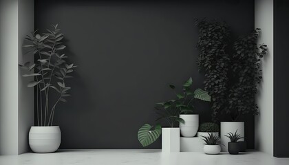 3d realistic vector room interior with potted plants on the floor. Dark grey walls. AI Generative.