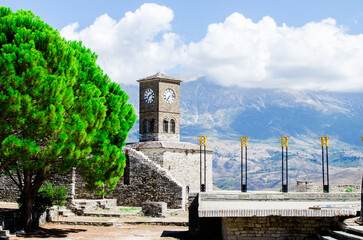 Fototapeta na wymiar Clock tower in the fortress of Gjirokaster, Albania, stock photo.