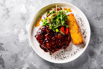 Grilled Ribeye Steak on plate with Potato gratin and salad
