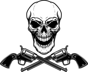 Illustration of the cowboy skull with crossed revolvers. Design element for logo, label, sign, emblem. Vector illustration - obrazy, fototapety, plakaty
