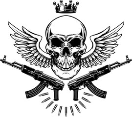Fototapeta premium Illustration of the skull with crossed assault rifles. Design element for logo, label, sign, emblem. Vector illustration