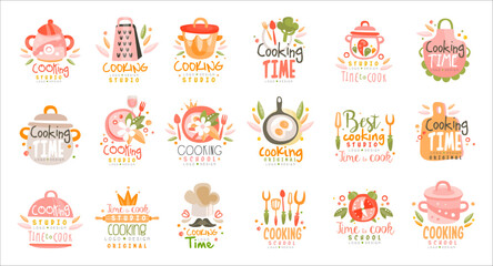 Cooking time logo dresign set. Cooking studio, farmers market, kitchen class, street festival badges, labels hand drawn vector illustration