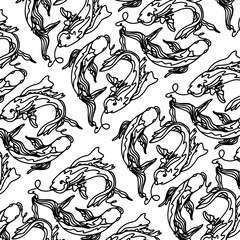 Vector seamless pattern with image of a fishes. Goldfish and perch. Linear fish for coloring books.
