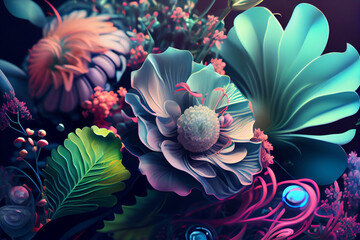 Beautiful futuristic spring flowers  background. Generative AI technology.