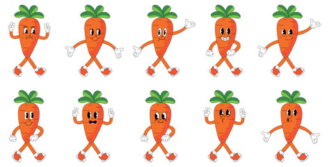 A Set of carrot cartoon groovy stickers with funny comic characters, gloved hands. Modern illustration with legs and arms.