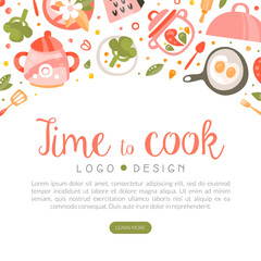 Time to cook landing page. Cooking school, culinary class, food studio web page template vector