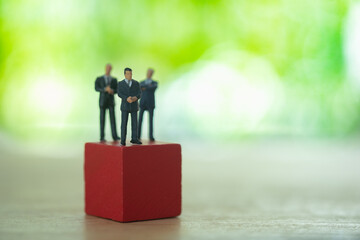 Businessmen ready to shake hands partnership standing in front of team on wood block. Investment, agreement, partnership and business concept