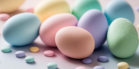 Easter-themed background with pastel colors and eggs Generative AI