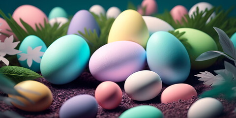 Fototapeta na wymiar Easter-themed background with pastel colors and eggs Generative AI